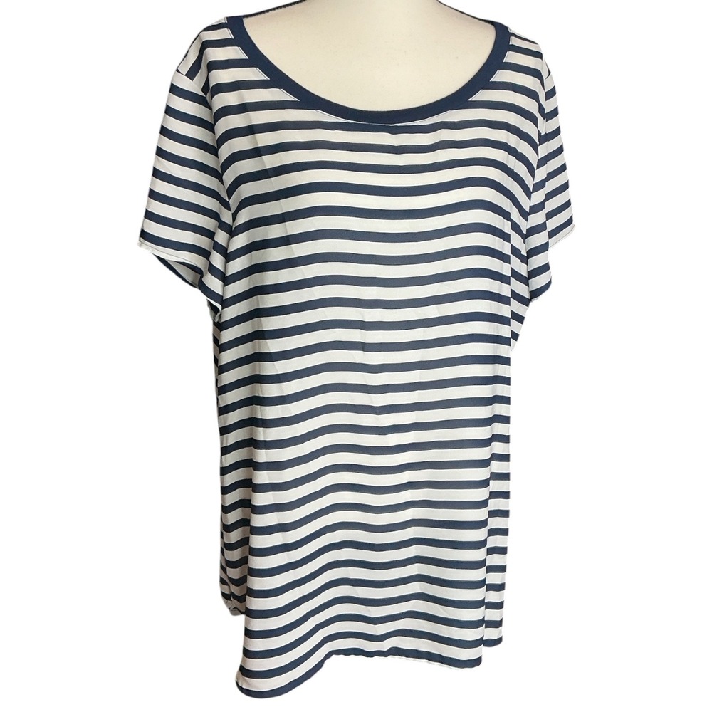 Falls Creek Navy White Striped Blouse Women XL Short Sleeve Scoop Neck Top